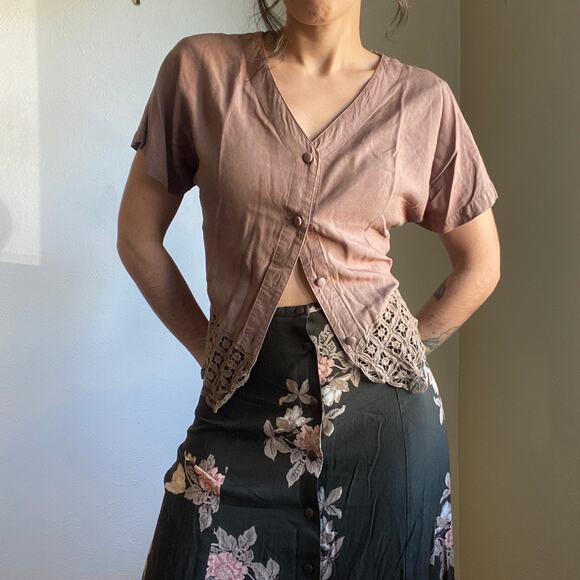 Short Sleeve Button Top With Cutout - Picture 1 of 7